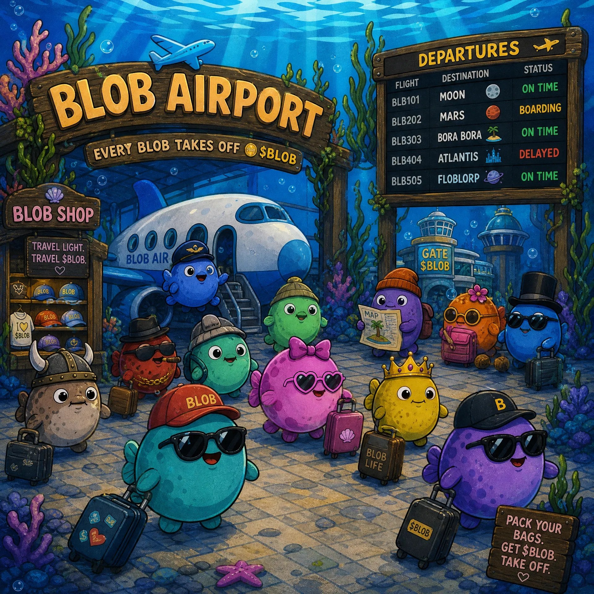 Blob Airport โ the Bloba school lining up for departures