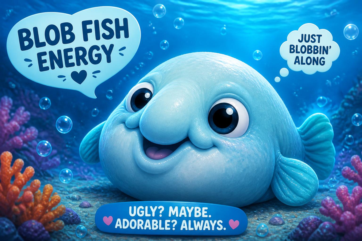 Bloba the blob fish mascot underwater