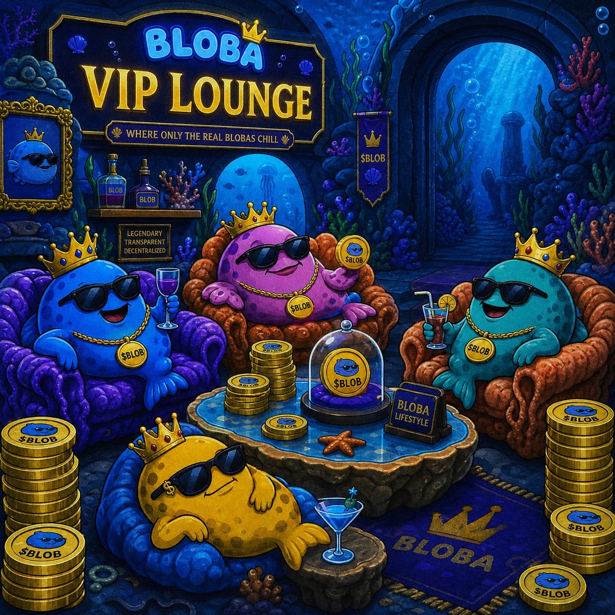 Bloba VIP Lounge โ crowned blob fish chilling with $BLOB coins
